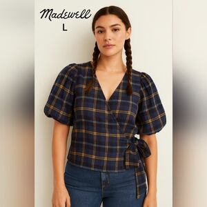 Madewell Women’s Plaid Puff Sleeve Wrap Top Cotton Size L